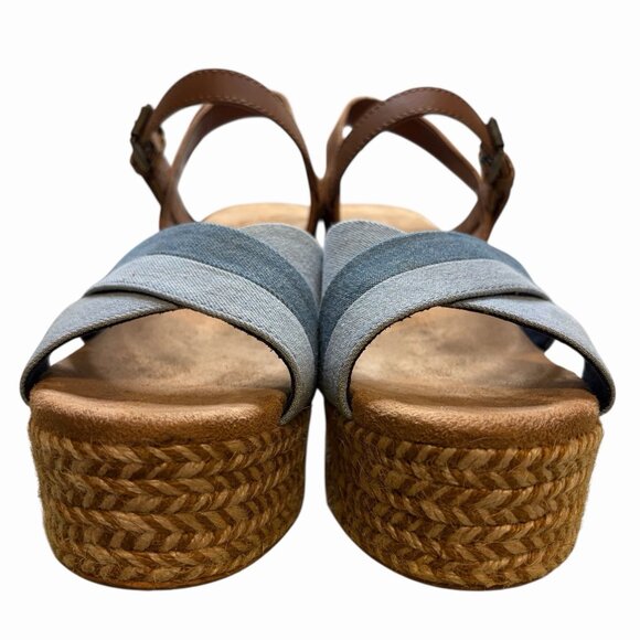Toms Sandals Size 9.5 Willow Platform Wedge Blue Denim Tan Leather Espadrille - Picture 5 of 8